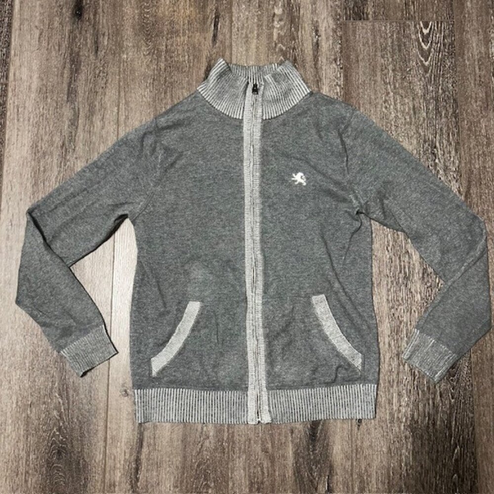 Express Sweater Mens Medium Cotton Full Zip Mock Neck Gray Pockets Cardigan